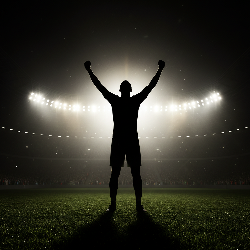 Silhueta de um jogador comemorando contra os holofotes do estádio