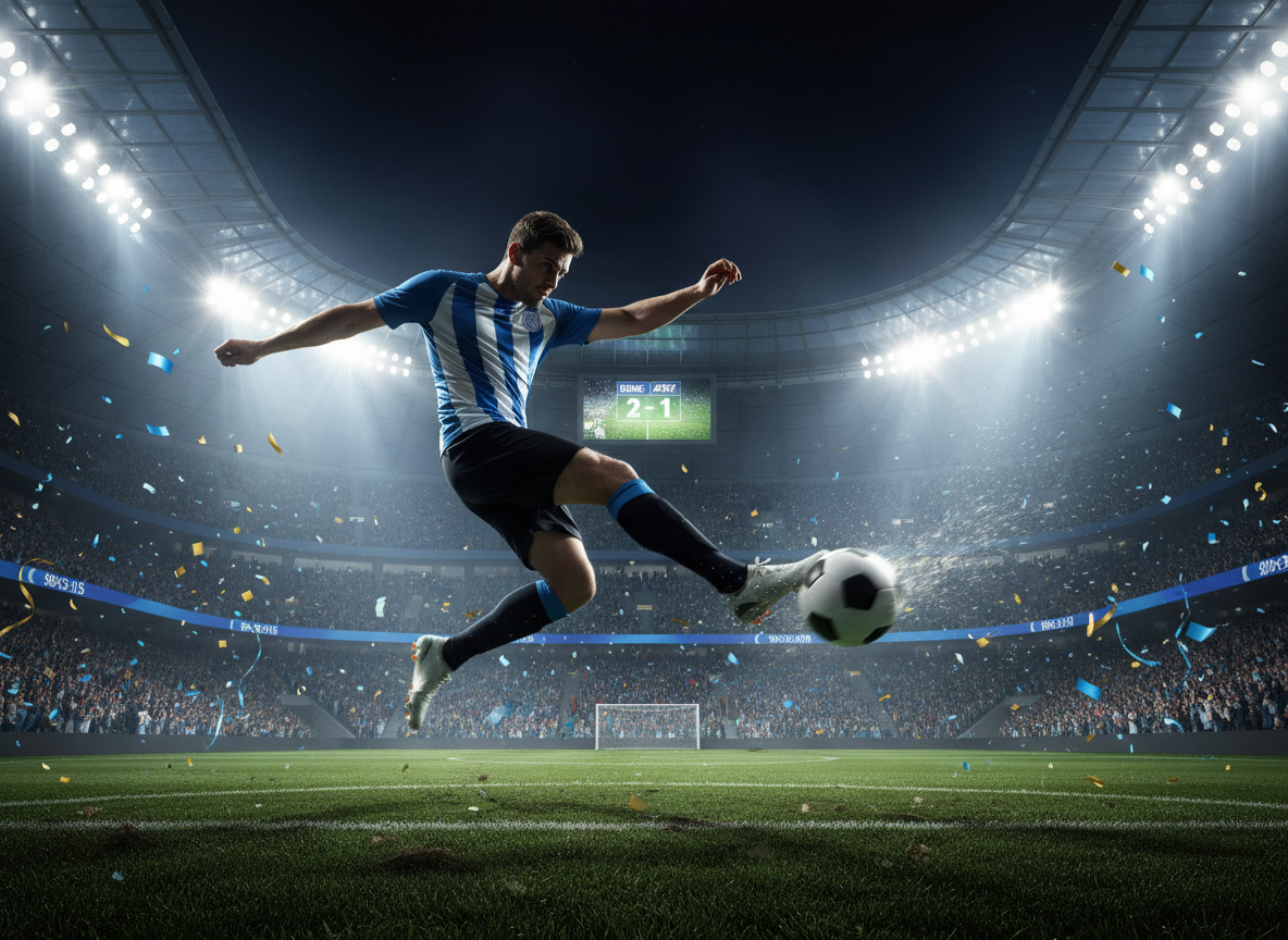 Jogador chutando uma bola redonda em estádio