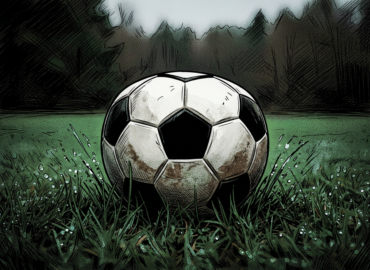 Close-up cinematic photo of a worn leather football resting on dewy emerald green grass, dramatic side lighting, dark moody background, premium editorial sports photography Close-up cinematic photo of a worn leather football resting on dewy emerald green grass, dramatic side lighting, dark moody background, premium editorial sports photography